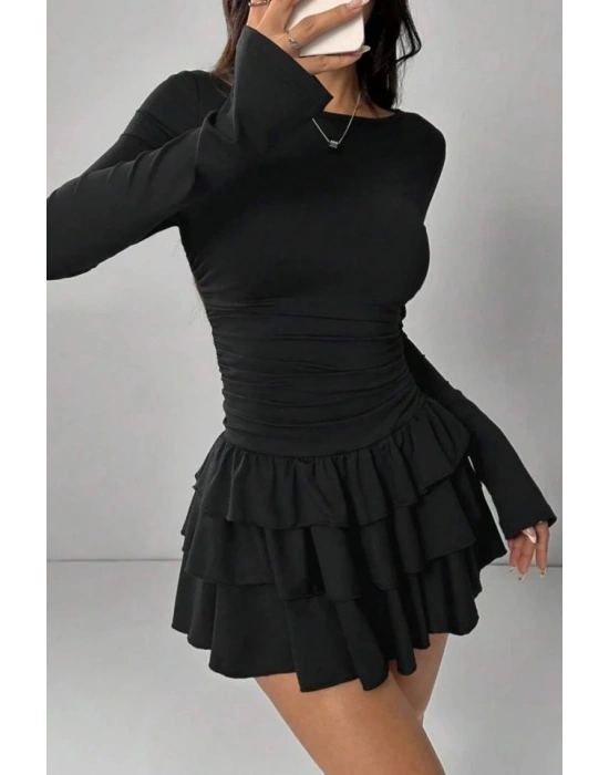 Eteği Kat Kat Volanlı Mini Elbise