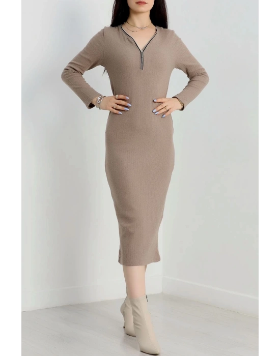 Fermuar detaylı fitilli şardonlu elbise bej a3178