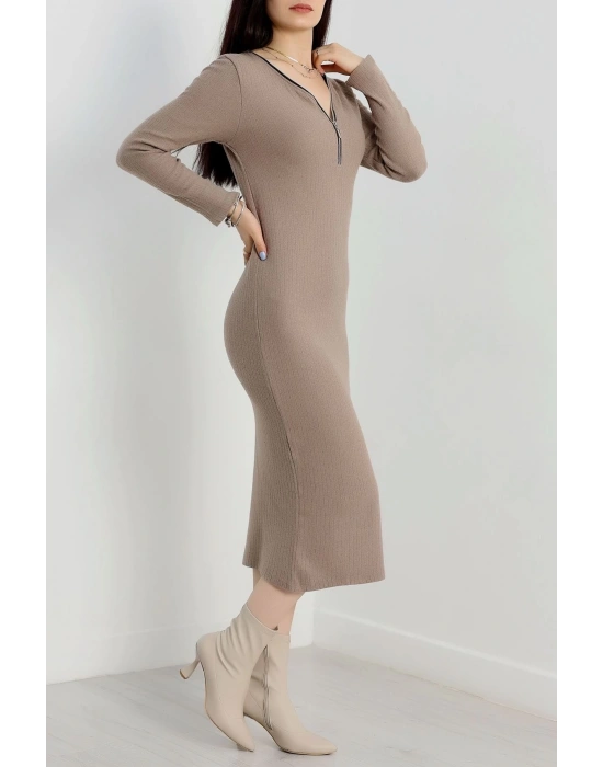 Fermuar detaylı fitilli şardonlu elbise bej a3178