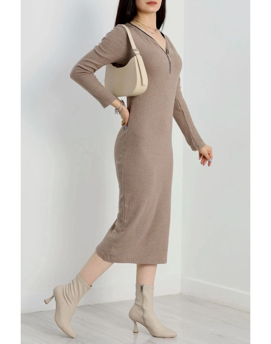 Fermuar detaylı fitilli şardonlu elbise bej a3178