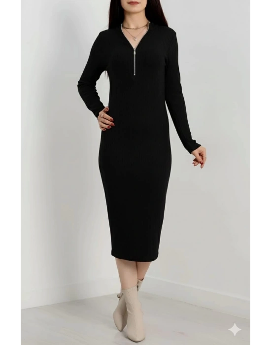 Fermuar detaylı fitilli şardonlu elbise siyah a3178