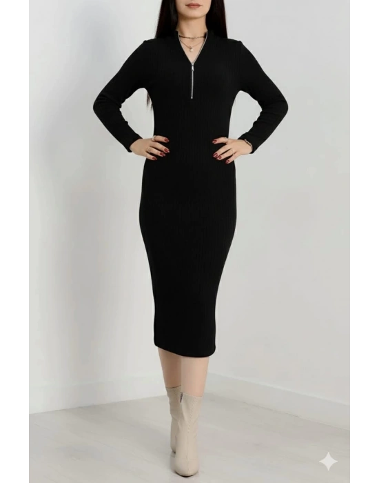 Fermuar detaylı fitilli şardonlu elbise siyah a3178