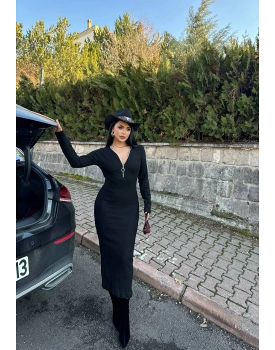 Fermuar detaylı fitilli şardonlu elbise siyah a3178