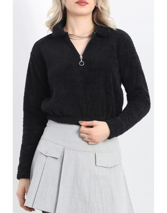 Fermuarlı Crop Peluş Sweat Siyah - 9060.1153.