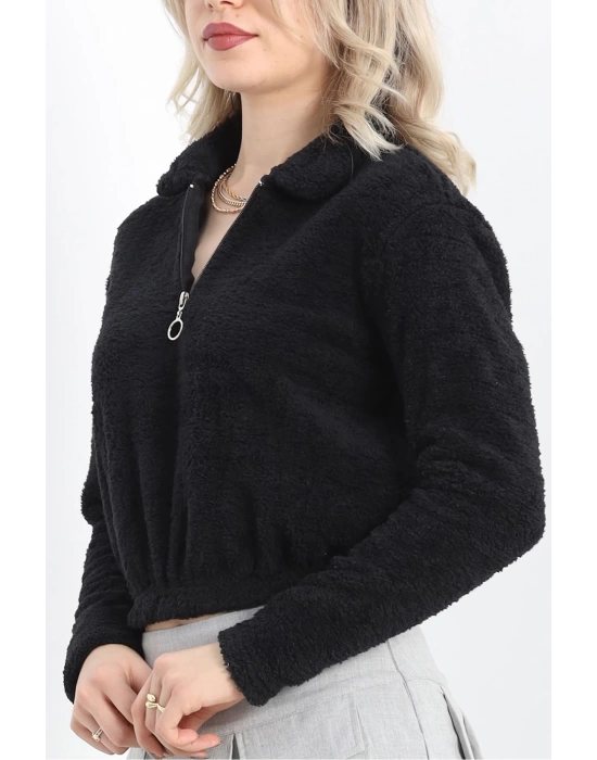 Fermuarlı Crop Peluş Sweat Siyah - 9060.1153.