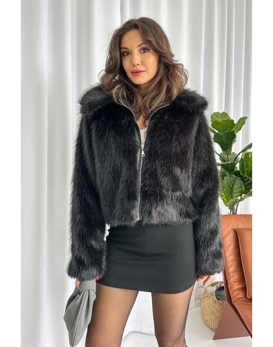 Fermuarlı kısa kürk siyah t7746