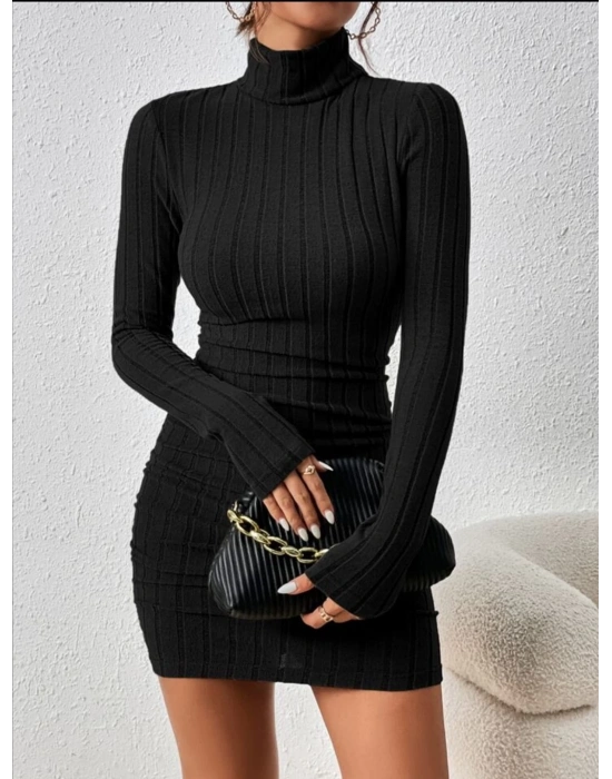 Fitilli boğazlı şardonlu elbise siyah