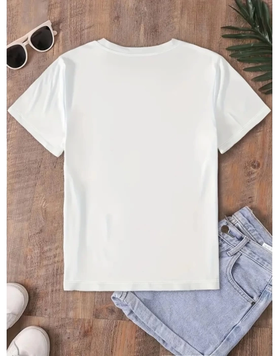 Fiyonk Baskılı Oversize Bisiklet Yaka T-shirt - Beyaz