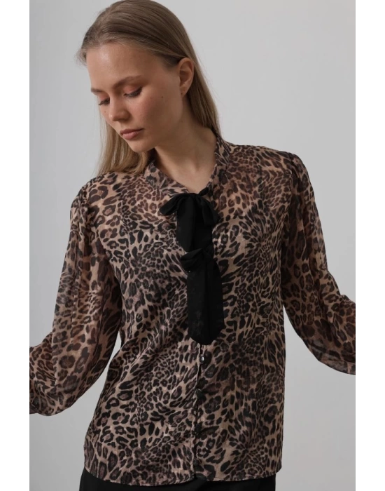 Fiyonk Detaylı Leopar Bluz - Leopar