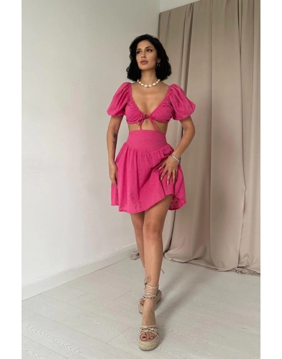 Fuşya Brode Crop Ve Mini Etek Takım