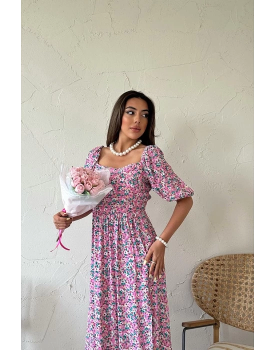Fuşya Çiçek Desenli Elbise