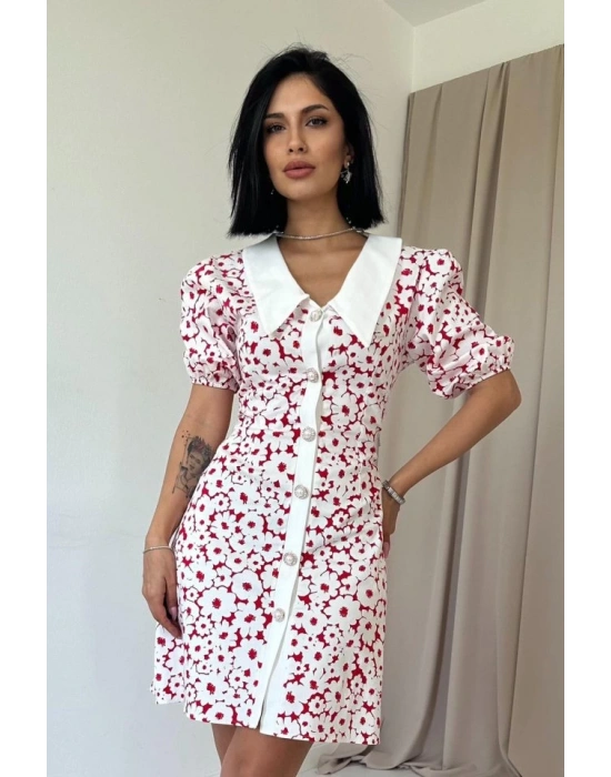 Fuşya Önlük Yakalı Poplin Elbise