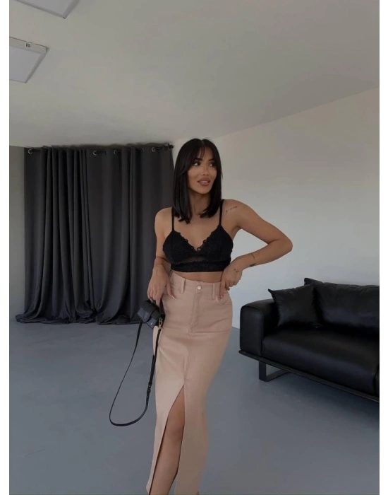 GABARDİN UZUN ÖNDEN YIRTMAÇLI ETEK - Kahverengi