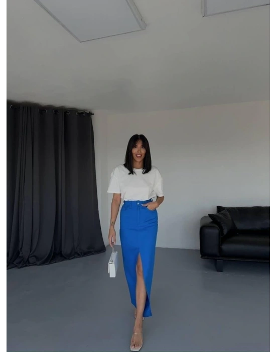 GABARDİN UZUN ÖNDEN YIRTMAÇLI ETEK - Saks