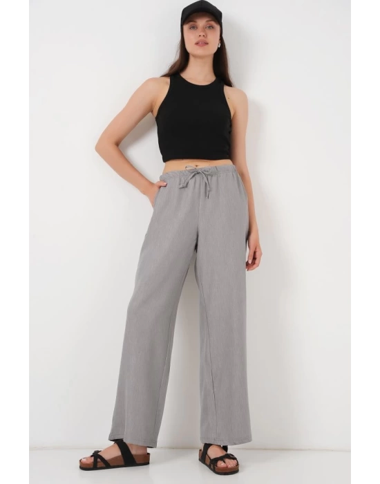 Geniş Paça Keten Pantolon 6735 - Gri