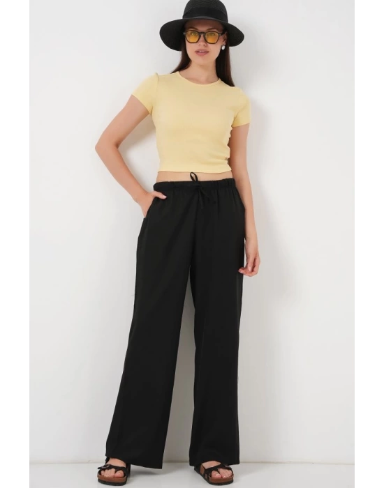Geniş Paça Keten Pantolon 6735 - Siyah