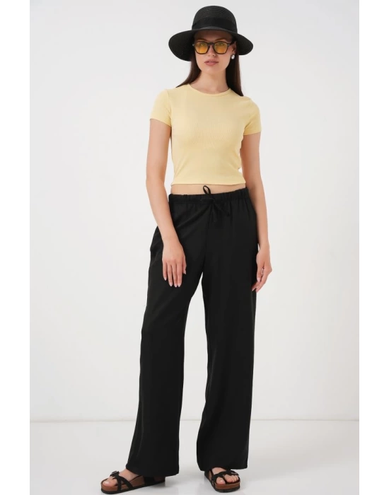 Geniş Paça Keten Pantolon 6735 - Siyah