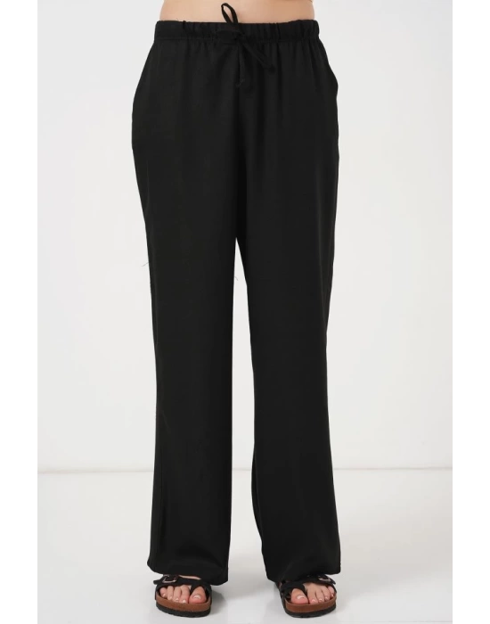 Geniş Paça Keten Pantolon 6735 - Siyah