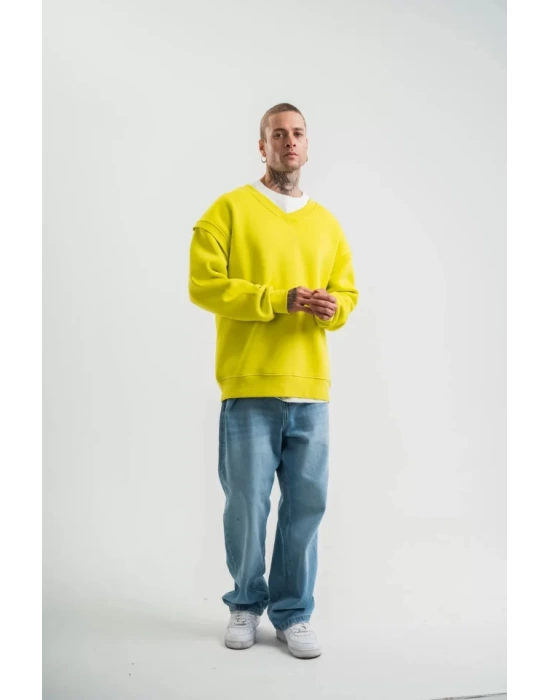 Geniş V Yaka Kol Ribana Detaylı SweatShirt - Sarı