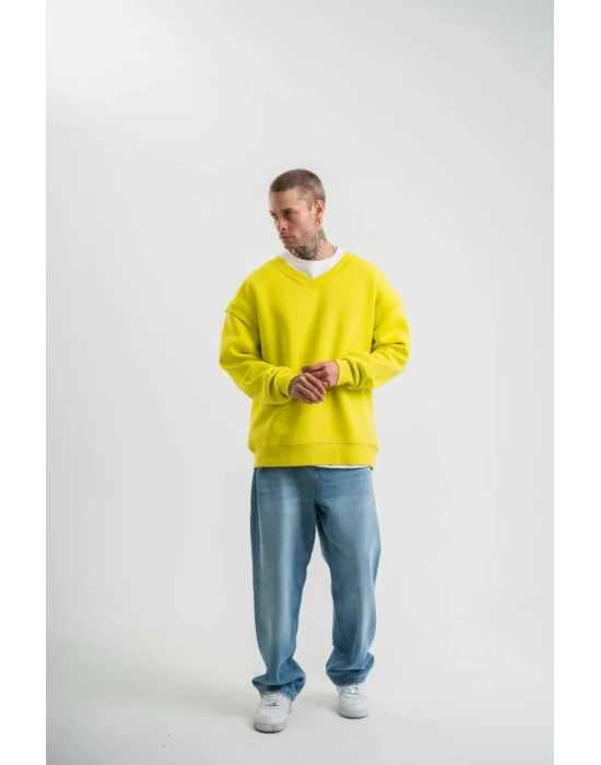 Geniş V Yaka Kol Ribana Detaylı SweatShirt - Sarı