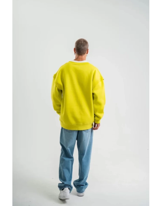 Geniş V Yaka Kol Ribana Detaylı SweatShirt - Sarı