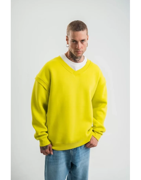 Geniş V Yaka Kol Ribana Detaylı SweatShirt - Sarı