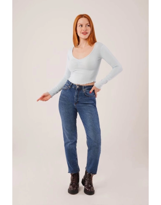 Geniş Yaka Bebe Mavisi Basic Body Bluz