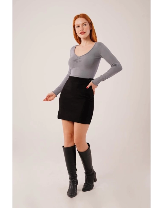 Geniş Yaka Gri Basic Body Bluz