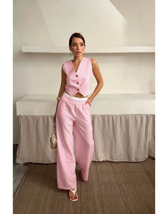 GOFRE ÇİZGİLİ YELEK - PANTOLON TAKIM - Pembe