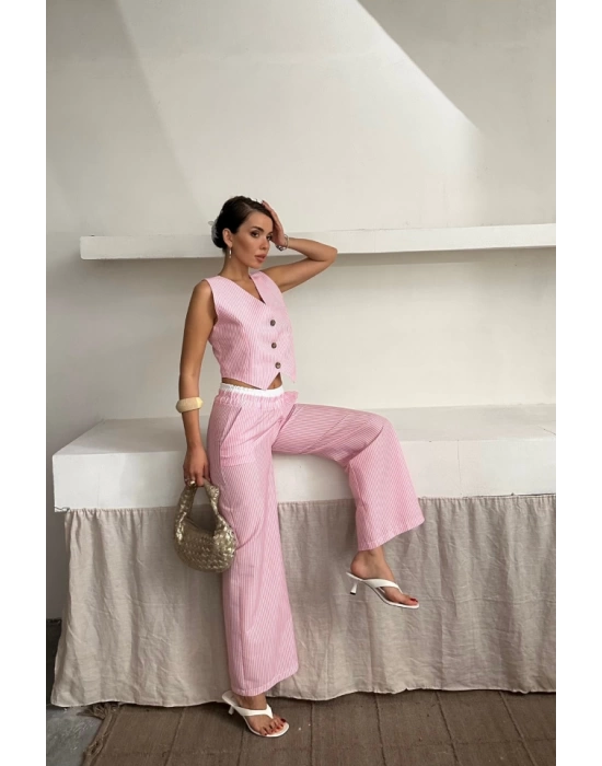 GOFRE ÇİZGİLİ YELEK - PANTOLON TAKIM - Pembe