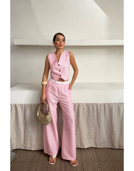 GOFRE ÇİZGİLİ YELEK - PANTOLON TAKIM - Pembe