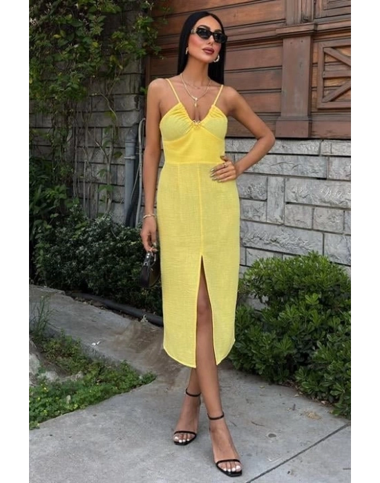 Göğsü Aksesuarlı Önü Yırtmaçlı Elbise 2899