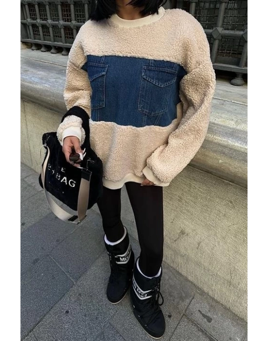 Göğsü Denim Garnili Sweatshirt 3402