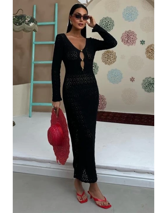 Göğüs Aksesuar Ve Pencereli Triko Elbise 2852