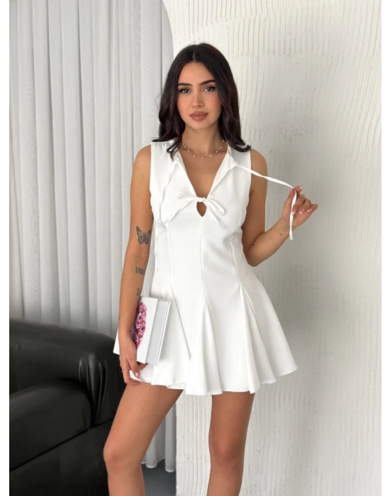 Göğüs Bağlamalı Kolsuz Mini Boy Elbise - Beyaz