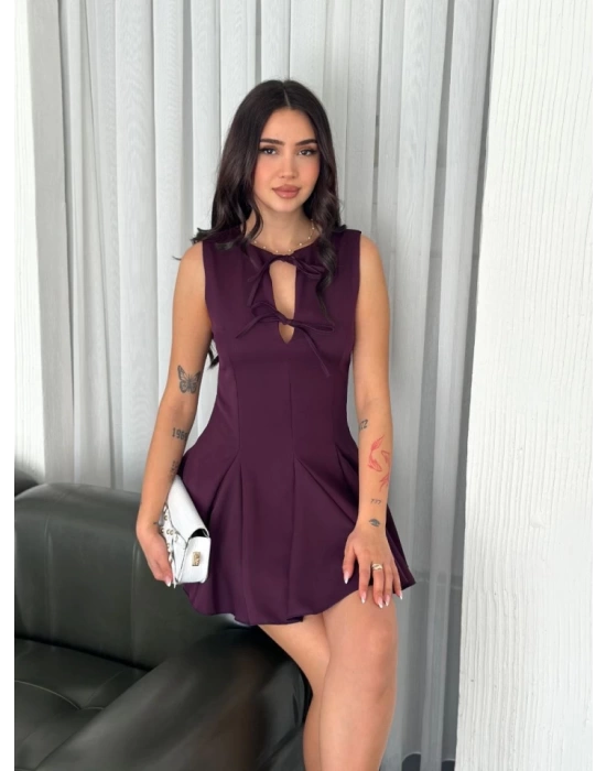 Göğüs Bağlamalı Kolsuz Mini Boy Elbise - Gül Kurusu