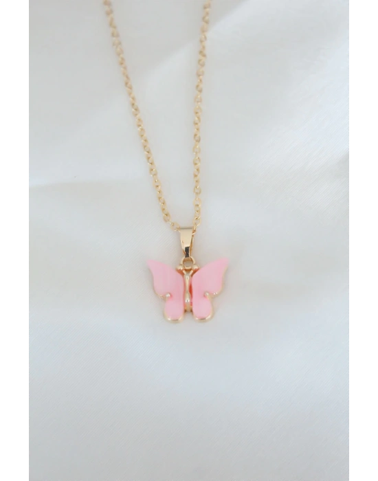 Gold Kaplama Pembe Sedefli Kelebek Kolye