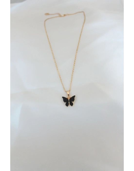 Gold Kaplama Siyah Renkli Sedefli Kelebek Kolye