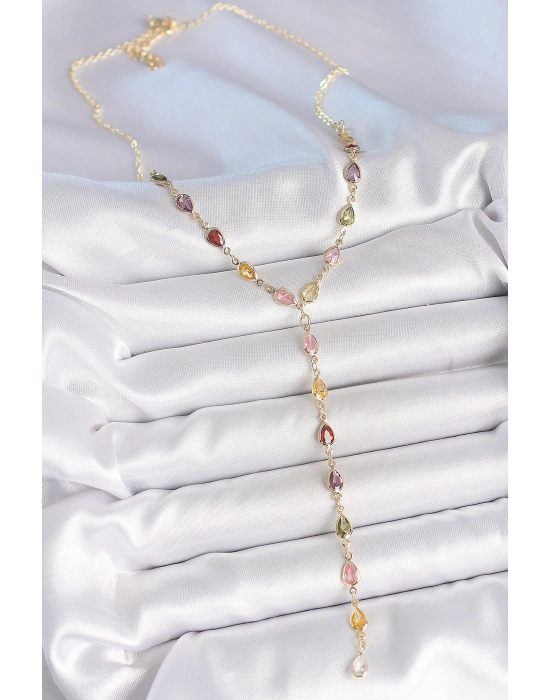 Gold Karışık Renk Zirkon Taşlı Y Pirinç Kolye