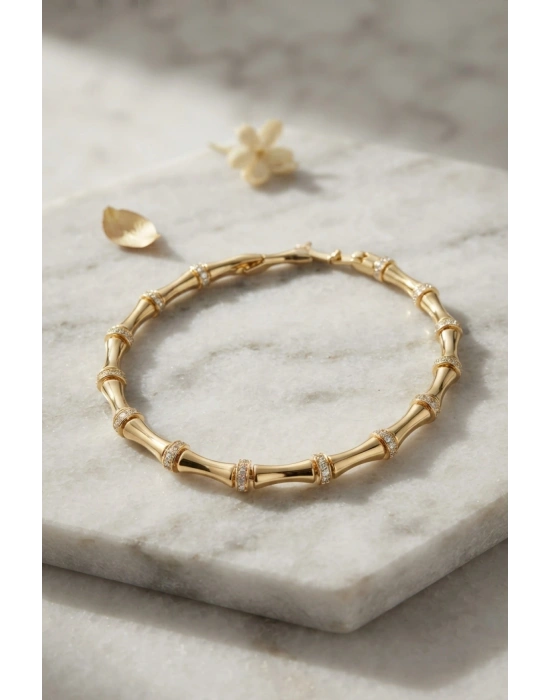 Gold Renk Bambu Model Zirkon Taşlı Kadın Bileklik