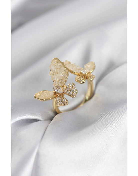 Gold Renk Beyaz Kelebek Model Zirkon Taşlı Kadın Yüzük