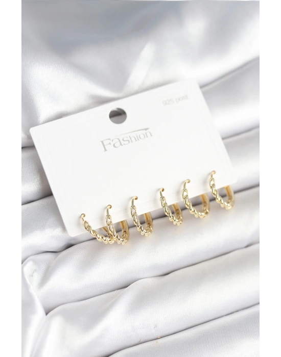 Gold Renk Burgu Halka Model 925 Ayar Gümüş Çivili Pirinç Küpe Seti