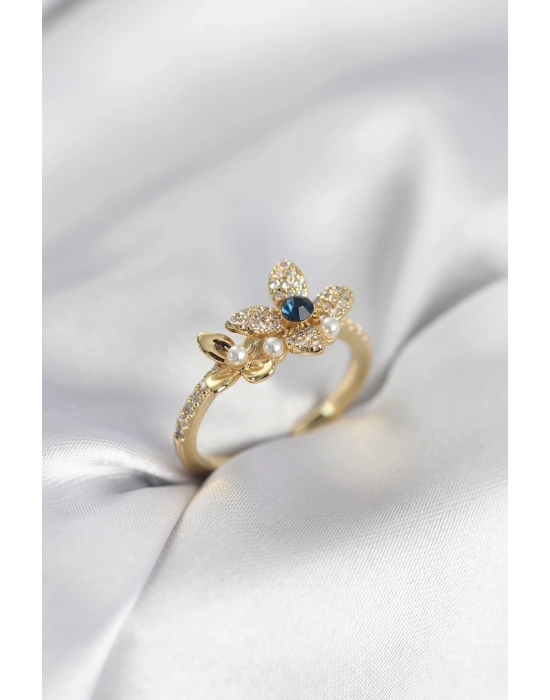 Gold Renk Çiçek Model Zirkon Taşlı Kadın Yüzük