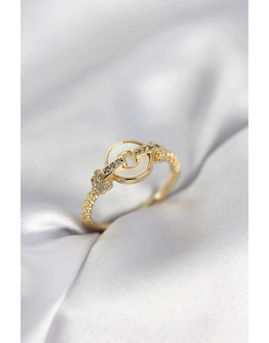 Gold Renk Daire Form Sedef ve Zirkon Taşlı Kadın Yüzük