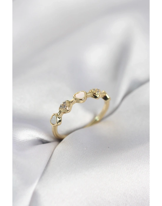 Gold Renk Minimal Kalp Model Zirkon Taşlı Pirinç Kadın Yüzük