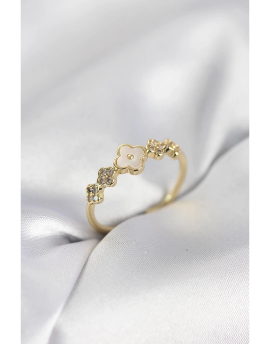 Gold Renk Minimal Yonca ve Zirkon Taşlı Kadın Yüzük