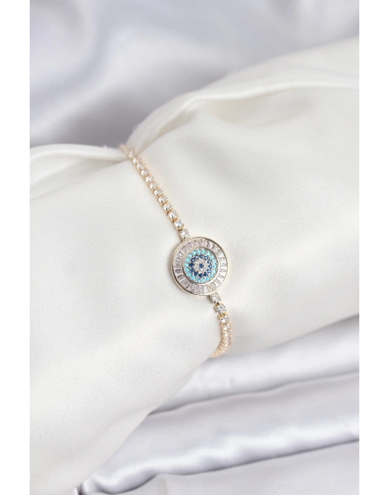 Gold Renk Nazar Model Zirkon Taşlı Asansörlü Su Yolu Bileklik