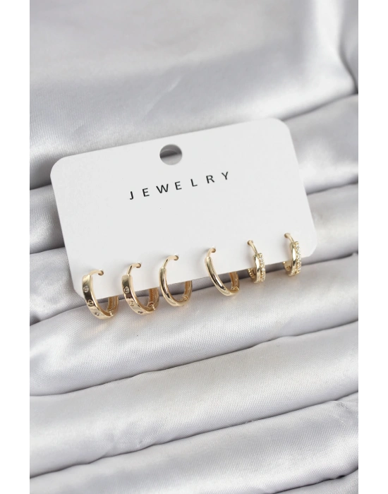 Gold Renk Pirinç 3 Çift Kadın Küpe Seti