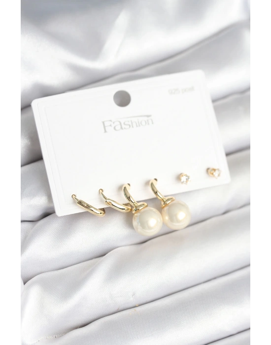 Gold Renk Pirinç 925 Ayar Gümüş Çivili Kadın Küpe Seti