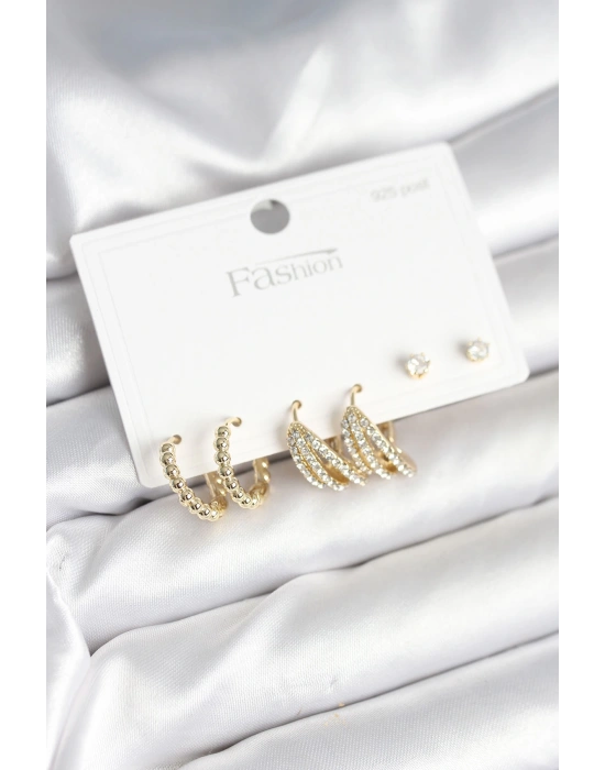 Gold Renk Pirinç 925 Ayar Gümüş Çivili Kadın Küpe Seti